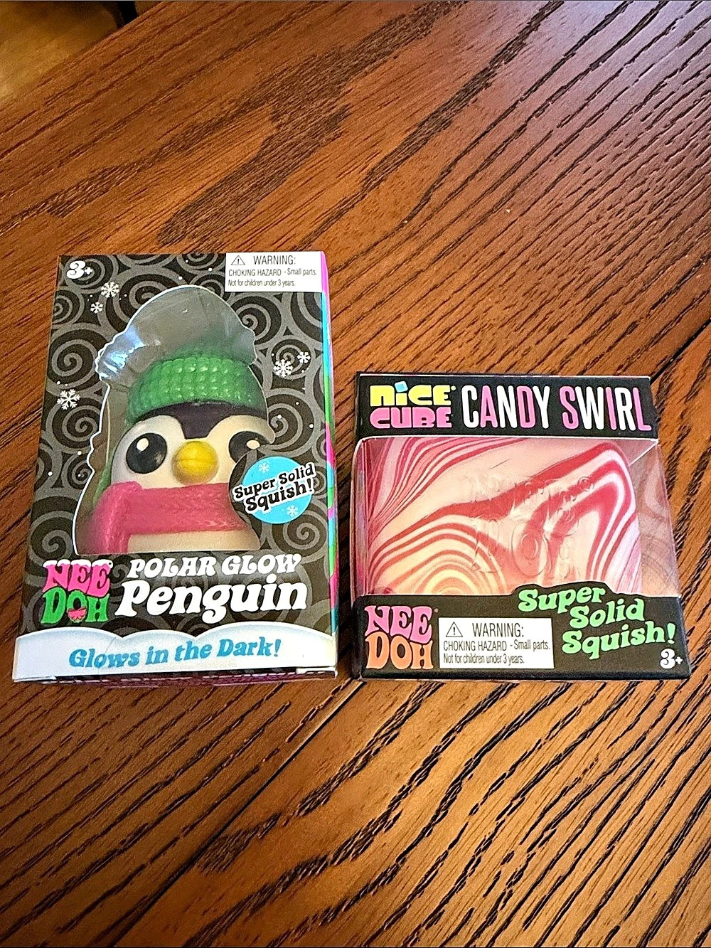 Nee Doh Polar Glow Penguin and Nice Cube Candy Swirl Squish Toy Set NWT